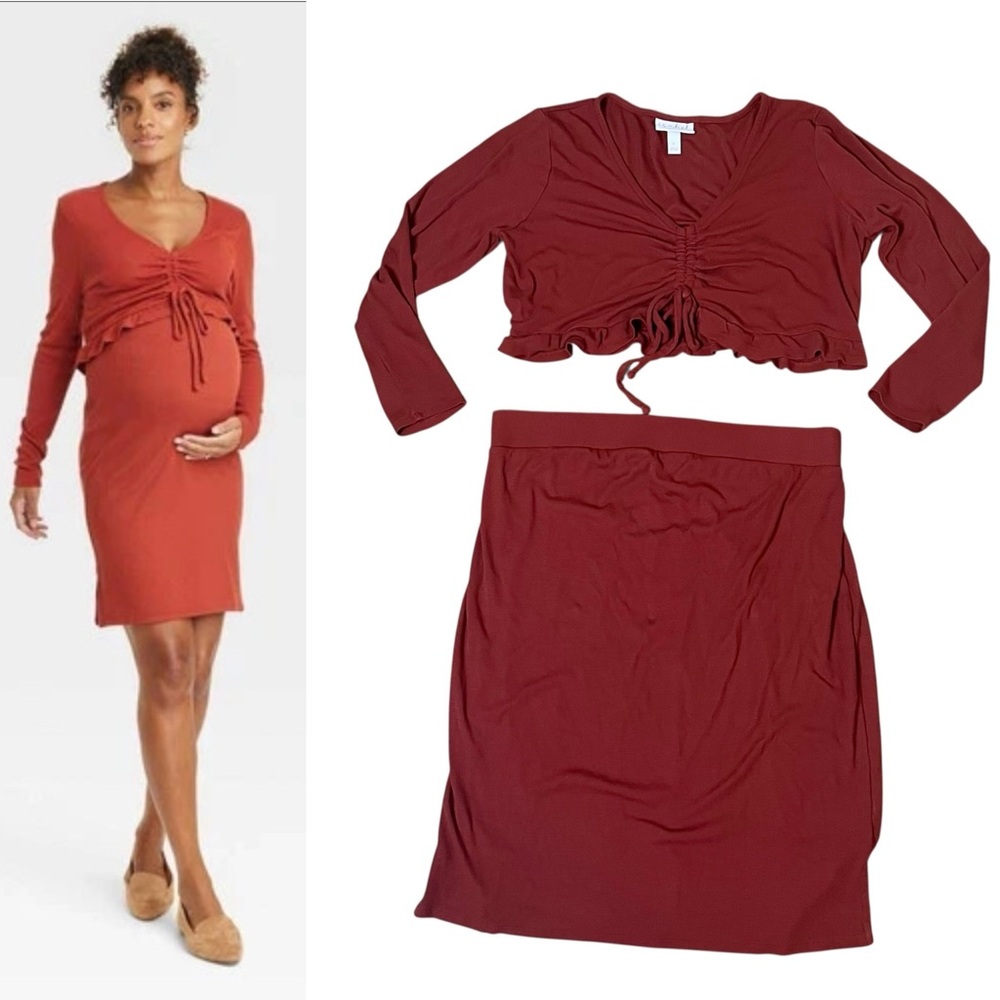 Isabel Maternity Skirt Set L Rust Red Dainty Feminine Ruffle Ruched Ribbed